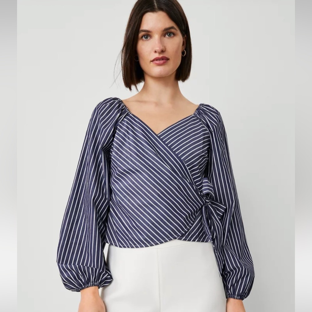 NWT Ann Taylor Navy Striped Wrap Tie Waist Blouse size Large